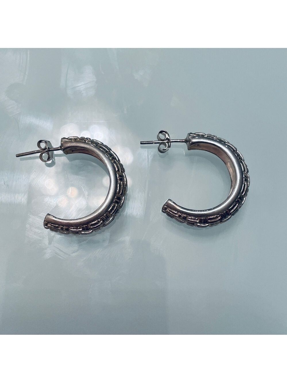 Weave Textured Design Half Hoop 1” Sterling Silver Woven Earrings - Picture 7 of 8
